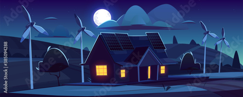 House with solar panels on roof and wind turbines at night. Eco friendly power generation, green energy concept. Vector cartoon landscape with modern cottage, windmills and moon in sky