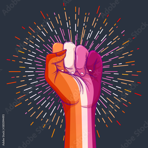 Lesbian community poster design. Striped fist rased up. Gay Pride. LGBTQ concept. Isolated vector colorful illustration. Sticker, patch, t-shirt print, greeting card, banner.