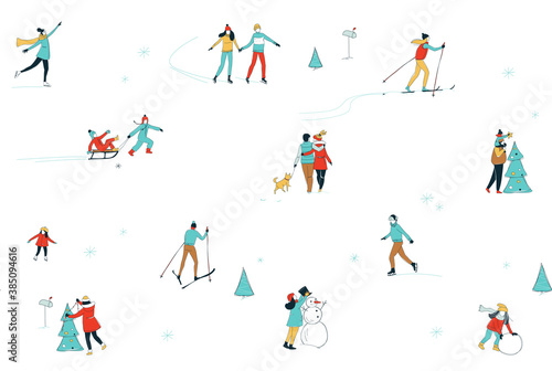 Winter sport activities seamless pattern background. Christmas decorating skiing skating fun.