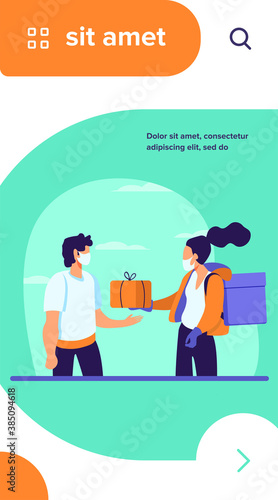 Young courier in mask delivering box to client. Parcel, package, quarantine flat vector illustration. Delivery service and pandemic concept for banner, website design or landing web page