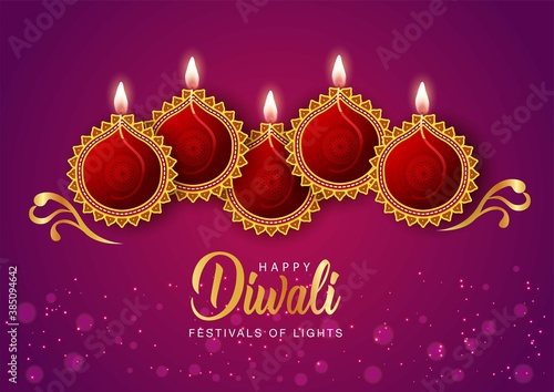  Happy Diwali celebration background. Top view of banner design decorated with illuminated oil lamps on patterned dark background. vector illustration