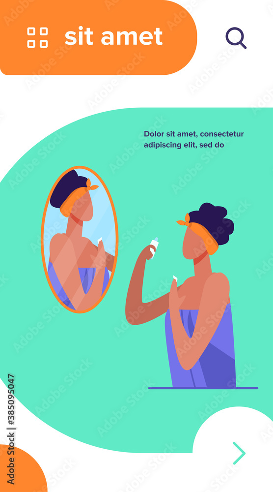Woman standing in bathroom and using cream. Mirror, towel, face flat vector illustration. Hygiene and beauty concept for banner, website design or landing web page
