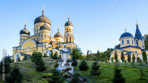 Hancu Monastery and church with statue of Jesus Christ and Virgin Mary in Moldova