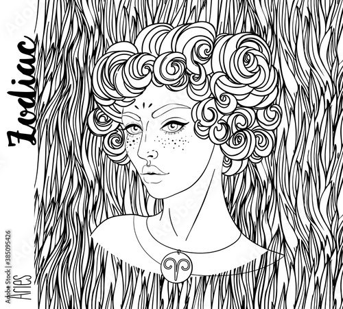 Illustration of Aries astrological sign as a beautiful girl. Zodiac vector drawing isolated in black and white. Future telling, horoscope, alchemy, spirituality. Coloring book for adults.