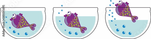 Decorative violet fish suffocates in an empty aquarium without water
