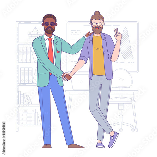 Two young men shaking hands in modern office. Diversity handshake. Agreement on business deal flat design vector concept.