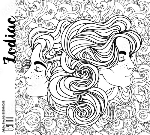 Illustration of Gemini astrological sign as a beautiful girl. Zodiac vector drawing isolated in black and white. Future telling, horoscope, alchemy, spirituality. Coloring book for adults.