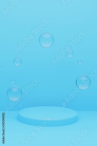 Cylindrical geometric podium mockup on light blue background with round glass balls in the air. Minimalistic trendy style for advertising cosmetics or product. 3d render illustration.