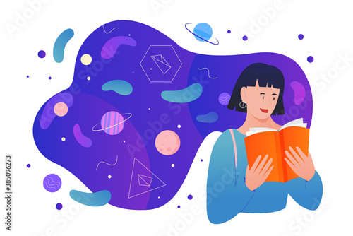 Read scientific books vector illustration. Cartoon young reader character studying, woman student reading textbook or encyclopedia with science knowledge information from library isolated on white