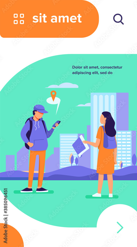 Tourist with paper map asking destination. Man explaining way to woman, using location app on cell flat vector illustration. Navigation, travel concept for banner, website design or landing web page Tourist with paper map asking destination. Man explaining way to woman, using location app on cell flat vector illustration. Navigation, travel concept for banner, website design or landing web page