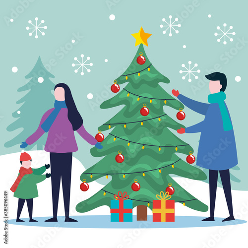 merry christmas father mother and son with pine tree and gifts design, winter season and decoration theme Vector illustration