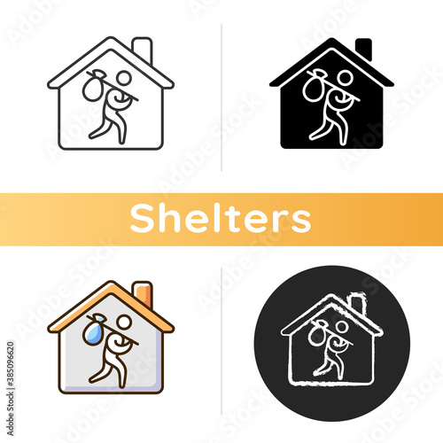 Refugee shelter icon. Temporary tent accommodation. Transitional shelter. Tent city. Asylum seekers. Refugee camp. Displaced people. Linear black and RGB color styles. Isolated vector illustrations