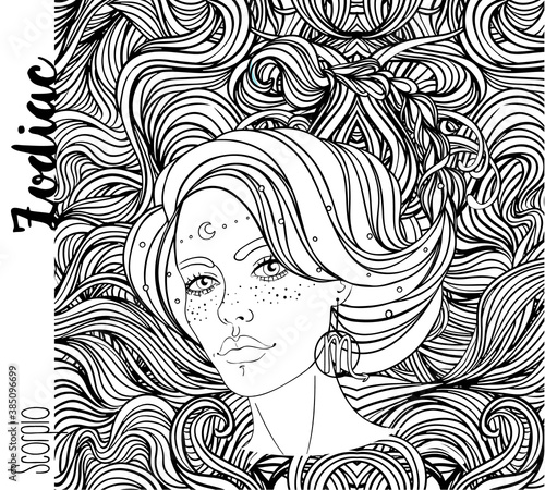 Illustration of Scorpio astrological sign as a beautiful girl. Zodiac vector drawing isolated in black and white. Future telling, horoscope, alchemy, spirituality. Coloring book for adults.