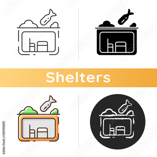 Bomb shelter icon. Bunker. Civil defence measures. Protection against bomb effects. Nuclear fallout. Room underground. Linear black and RGB color styles. Isolated vector illustrations