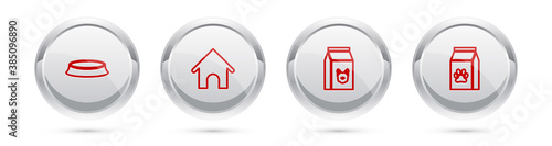 Set line Pet food bowl, Dog house, Bag of for dog and pet. Silver circle button. Vector.