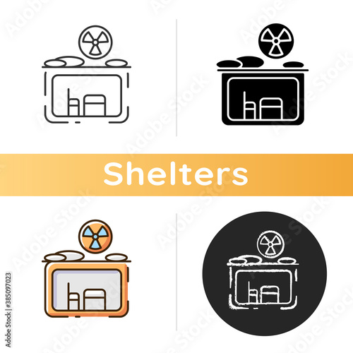 Fallout shelter icon. Nuclear explosion. Protection from radioactive debris. Civil defense measures. Shelter location. Linear black and RGB color styles. Isolated vector illustrations