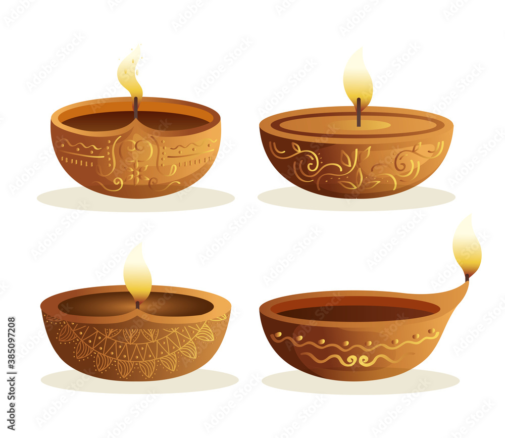 Happy diwali diya candles set isolated design, Festival of lights theme Vector illustration Happy diwali diya candles set isolated design, Festival of lights theme Vector illustration