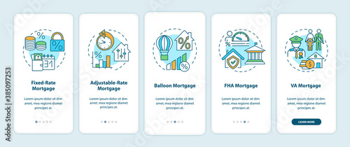 Mortgage types onboarding mobile app page screen with concepts. Fixed-rate, ballon, FHA mortgage walkthrough 5 steps graphic instructions. UI vector template with RGB color illustrations