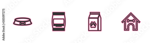 Set line Pet food bowl, Bag of for pet, and Dog house and bone icon. Vector.