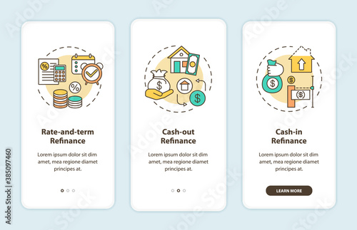 Mortgage refinance types onboarding mobile app page screen with concepts. Rate-and-term, cash-out refinance walkthrough 3 steps graphic instructions. UI vector template with RGB color illustrations