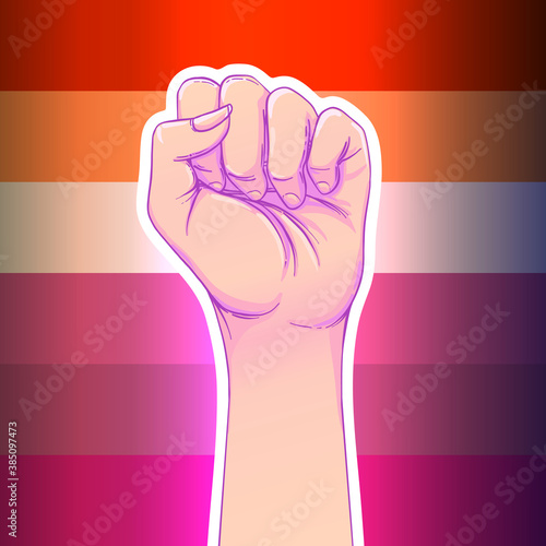 Lesbian community poster design. Striped fist rased up. Gay Pride. LGBTQ concept. Isolated vector colorful illustration. Sticker, patch, t-shirt print, greeting card, banner.