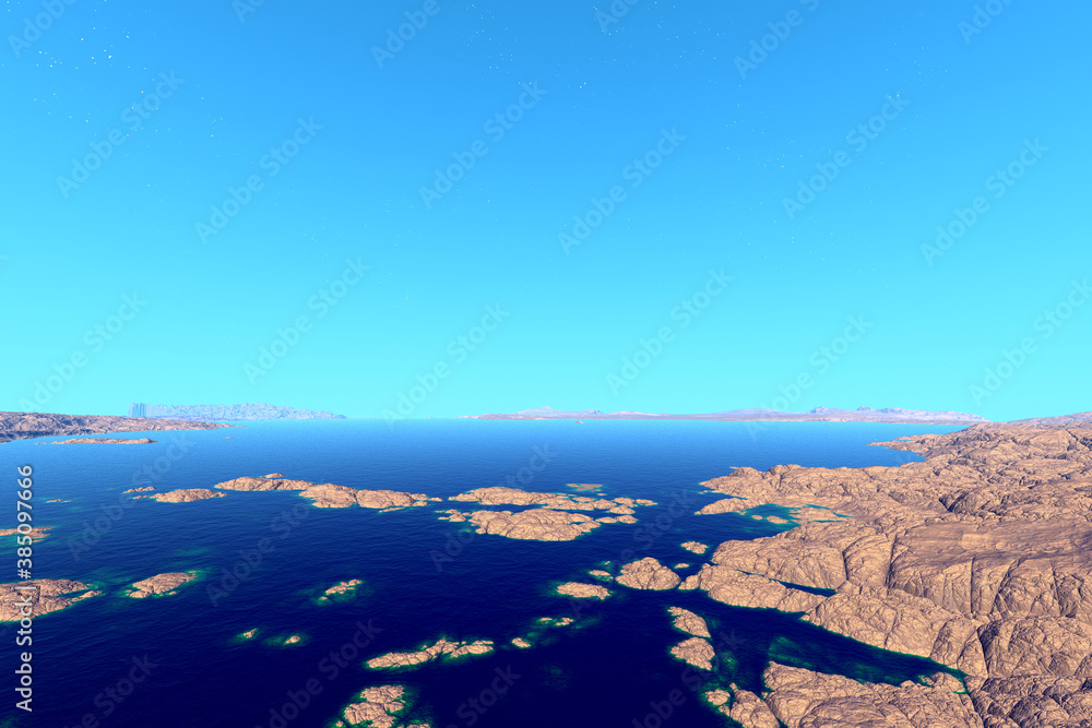 Alien Planet. Mountain and lake. 3D rendering Alien Planet. Mountain and lake. 3D rendering