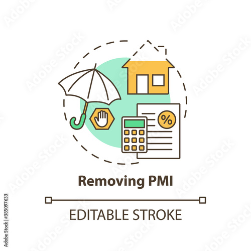 Removing PMI concept icon. Mortgage refinance benefit idea thin line illustration. Original appraised value. Private mortgage insurance. Vector isolated outline RGB color drawing. Editable stroke
