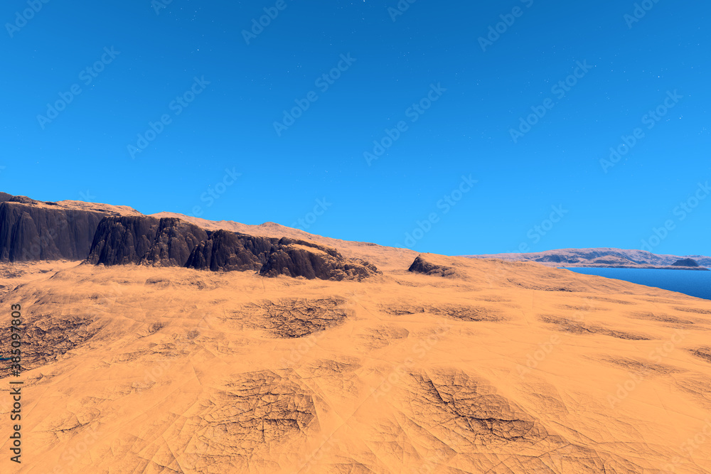 Naklejka premium Alien Planet. Mountain and lake. 3D rendering