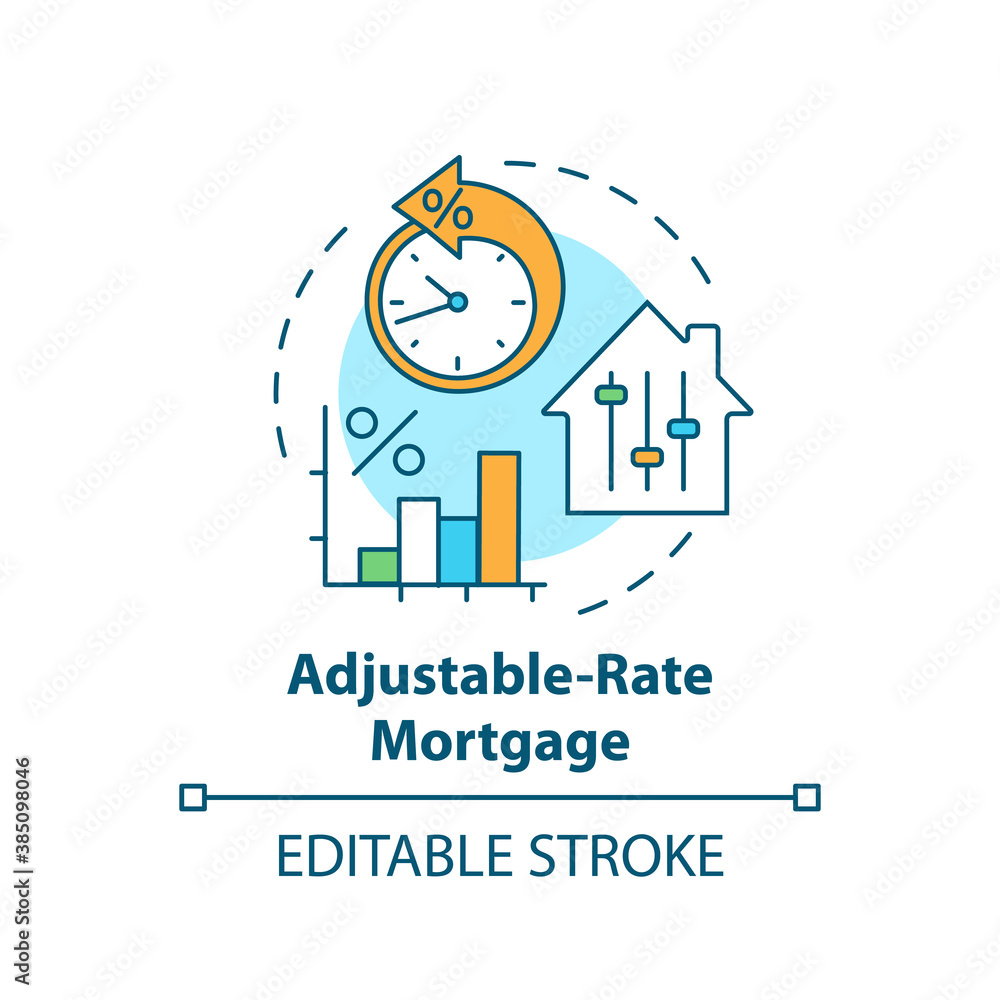 Adjustable-rate mortgage concept icon. Primary loan type idea thin line illustration. Variable rate mortgage. ARM type. Shorter-term fix. Vector isolated outline RGB color drawing. Editable stroke