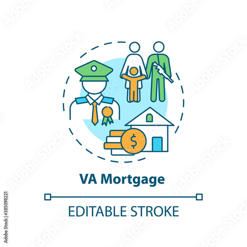 VA mortgage concept icon. Veterans affairs type idea thin line illustration. Direct home loan. Mortgage lender. Refinance rate. Vector isolated outline RGB color drawing. Editable stroke