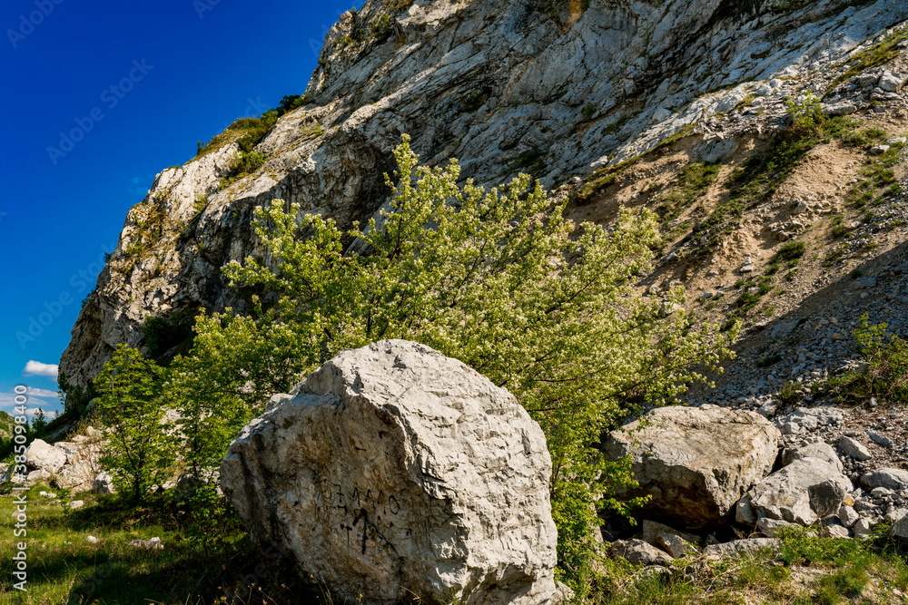 Stone boulders at Danube gorge in Djerdap on the Serbian-Romanian border