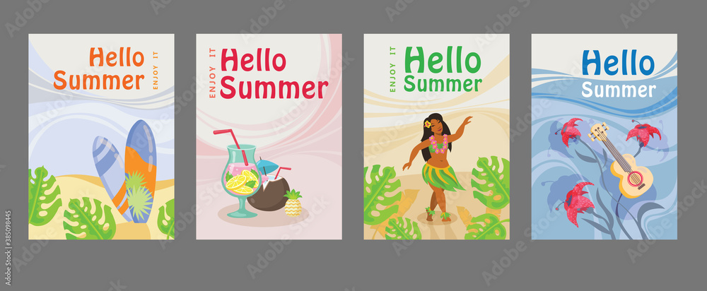 Collection of summer posters with surfboard, cocktail, girl, guitar, ocean. Hello summer inscription. Flat vector illustration can be used for announcements and invitations