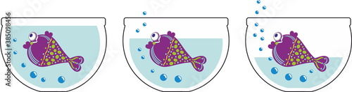 Decorative violet fish suffocates in an empty aquarium without water	
