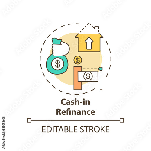 Cash-in refinance concept icon. Mortgage refinance type idea thin line illustration. Paying down mortgage costs and lower loan balances. Vector isolated outline RGB color drawing. Editable stroke