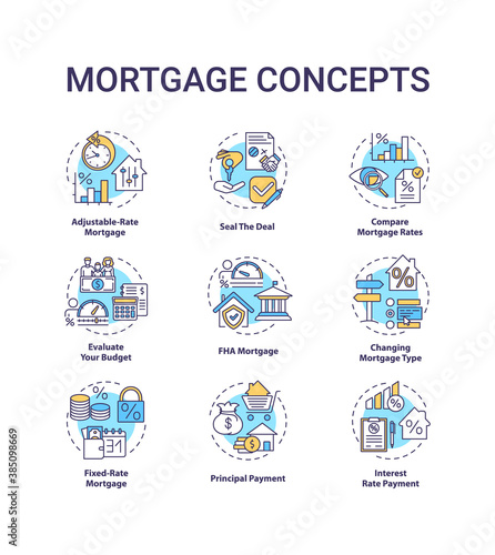 Mortgage concept icons set. Loan housing idea thin line RGB color illustrations. Adjustable-rate mortgage. Seal deal. Compare loan rates. Vector isolated outline drawings. Editable stroke