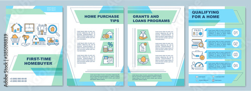 First time homebuyer brochure template. Home purchase tips. Flyer, booklet, leaflet print, cover design with linear icons. Vector layouts for magazines, annual reports, advertising posters