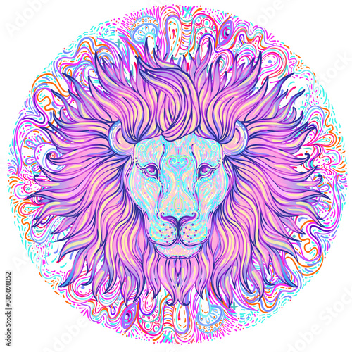 Patterned ornate lion head. African, Indian, totem, tattoo, sticker design. Design of t-shirt, bag, postcard and posters. Vector isolated illustration in bright neon colors. Zodiac sign Leo.