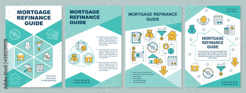 Mortgage refinance guide brochure template. Reduce rate on loan. Flyer, booklet, leaflet print, cover design with linear icons. Vector layouts for magazines, annual reports, advertising posters