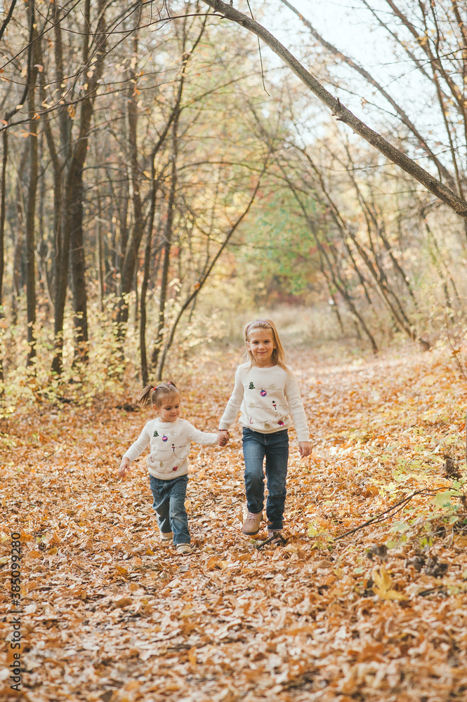 Two cheerful small sisters walking in the park in warm autumn day Two cheerful small sisters walking in the park in warm autumn day