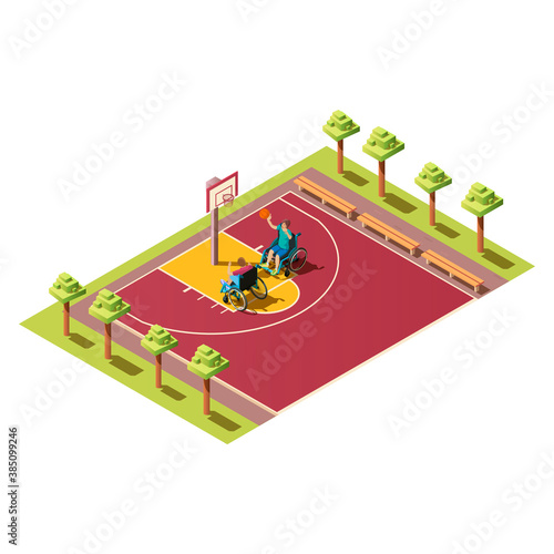 Sport players with ball, people with disabilities. Isometric composition with two invalids in wheelchair playing basketball on athletic field vector illustration on white background.