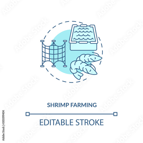 Shrimp farming concept icon. Luxury healthy foods creation. Sea animals growing organization. Aquaculture idea thin line illustration. Vector isolated outline RGB color drawing. Editable stroke