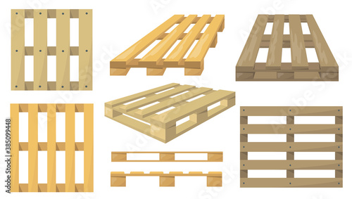 Wooden pallets set. Top and side view, cartoon objects, Flat vector illustrations for transportation, logistics, cargo, delivery, warehouse concept