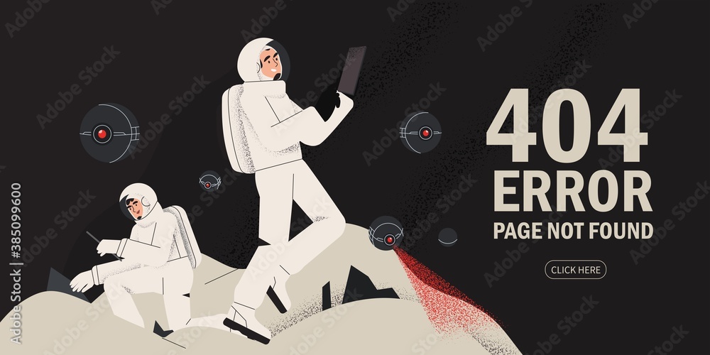 Astronaut exploring outer space and distant planets. Cosmonaut in spacesuit searching life and doing research. Human spaceflight. Modern vector illustration. 404 page not found error concept banner. - obrazy, fototapety, plakaty 
