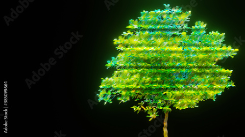 Baum mit glühender Silhouette vor schwarzem Hintergrund
