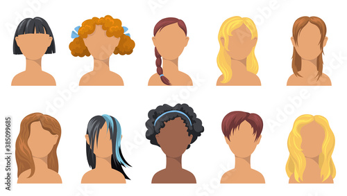 Girlish trendy hairdo set. Stylish haircuts for girls of different ethnicity, hair types, colors and length. Vector illustration for hairdressing, fashion, style, beauty, glamour concept