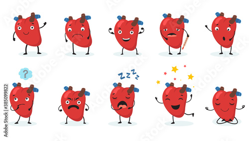 Cute heart set. Human organ with face and different emotions, happy, sad, angry, sick and healthy cartoon character. Vector illustrations for cardiovascular system and healthcare concept