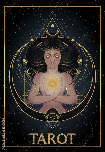 Fortune teller, spiritual coach, mystic healer business card design template. Vector illustration. Magic woman.