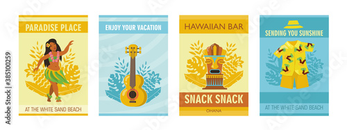 Colorful Hawaiian posters with traditional symbols vector illustration. Vivid graphic elements for Hawaii, summer vacation and island concept. Template for promotional poster or flyer
