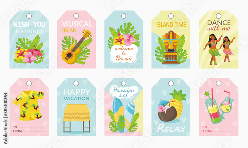 Colorful tags design for holiday on Hawaii vector illustration. Stickers with traditional elements and text. Summer vacation and island concept. Template for promotion, advertising label or badge