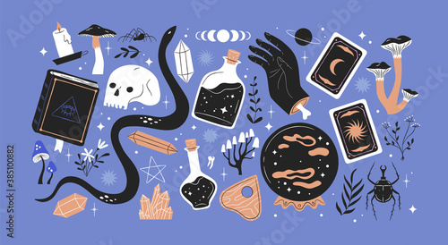 Hand drawn Halloween season decoration collection. Esoteric cartoon icon set with witchcraft book, tarot cards, creepy magic elements and occult symbols.